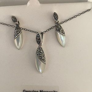 Marcasite,sterling silver and mother of pearls pendant and earrings set